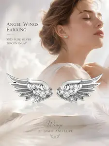 Vintage Fashion S925 Sterling Silver Angel Wings Earrings, Simple Lightweight Cubic Zirconia Studs, Versatile Daily Wear Jewelry for Women, Elegant Minimalist