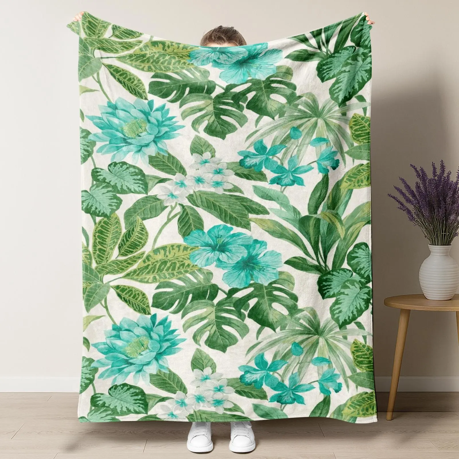 Watercolor Tropical Green Leaf Throw Blanket, Hawaiian Monstera Hibiscus Floral Soft Flannel Fleece Blanket, Lightweight Summer Botanical Blanket for Sofa Bed Patio Poolside, Vacation Beach House Decor Gift for Plant Lovers