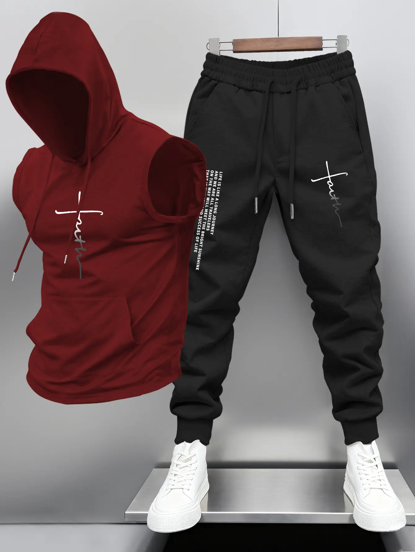 Trendy Men's Summer Long Pants Set, Zipper Vest Hoodie Set, Casual Gym Wear, Letter Print Sport Style, Daily