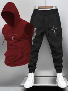 Trendy Men's Summer Long Pants Set, Zipper Vest Hoodie Set, Casual Gym Wear, Letter Print Sport Style, Daily