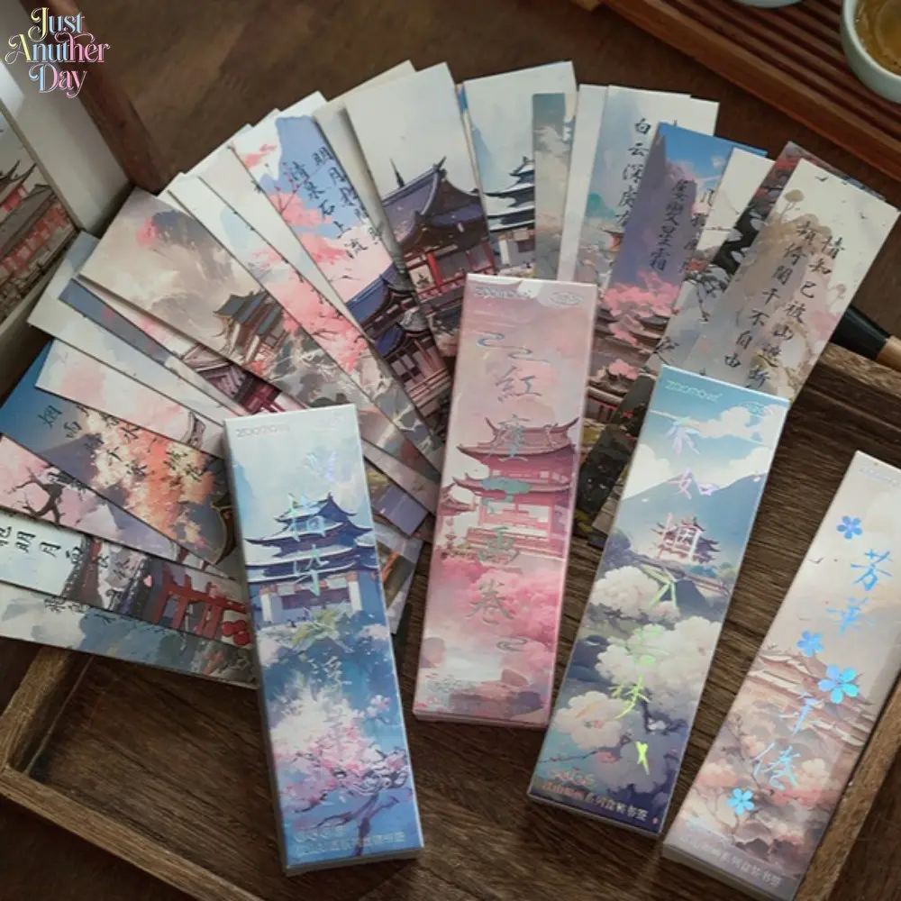 30Pcs Traditional Chinese Style Poem & Landscape Art Bookmark Set, Ancient Pavilion Cherry Blossom Printed Decor Page Cards, Elegant Oriental Stationery for Student Textbook Marking, Journal Scrapbook and Literary Gift