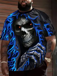 Large Size Men's Skull Punk T-Shirt, Dark Streetwear Short Sleeve, Casual Loose Fit, All Seasons, Digital Print, Unlined, Top