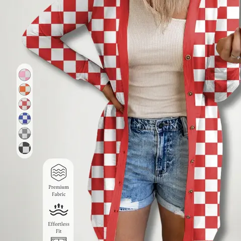Women's New Fall & Winter Plaid Pattern Outerwear, Button Front & V-Neck Design, Elegant Chic Fashion Mid-Length Long Sleeve Outerwear for Commuting