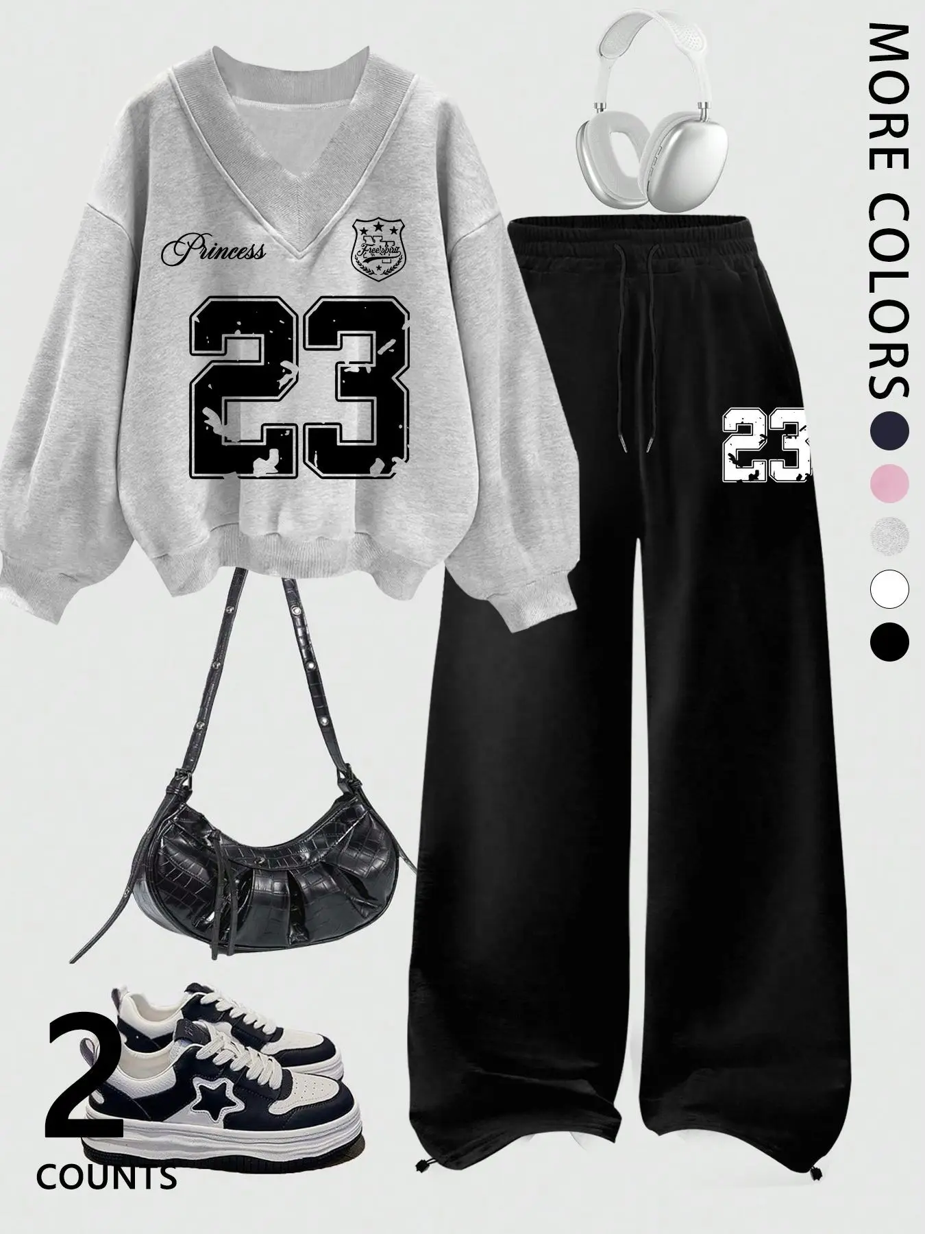 2Pcs Set Grey V-Neck Sweatshirt Tracksuit Women Y2K Number 23 Print Pullover and Wide Leg Pants for Unisex Streetwear