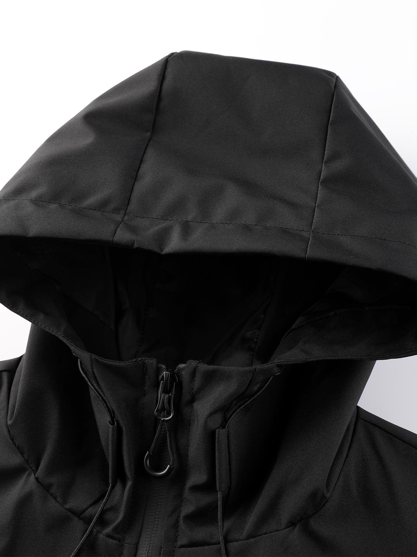 Men's Solid Pocket Drawstring Zip Up Hooded Waterproof Jacket, Regular Fit Casual Long Sleeve Windproof Jacket for Fall & Winter, Men's Clothing Jackets, Men's Outerwear for Outdoor Activities Technical Jacket, Jackets for Men Coats