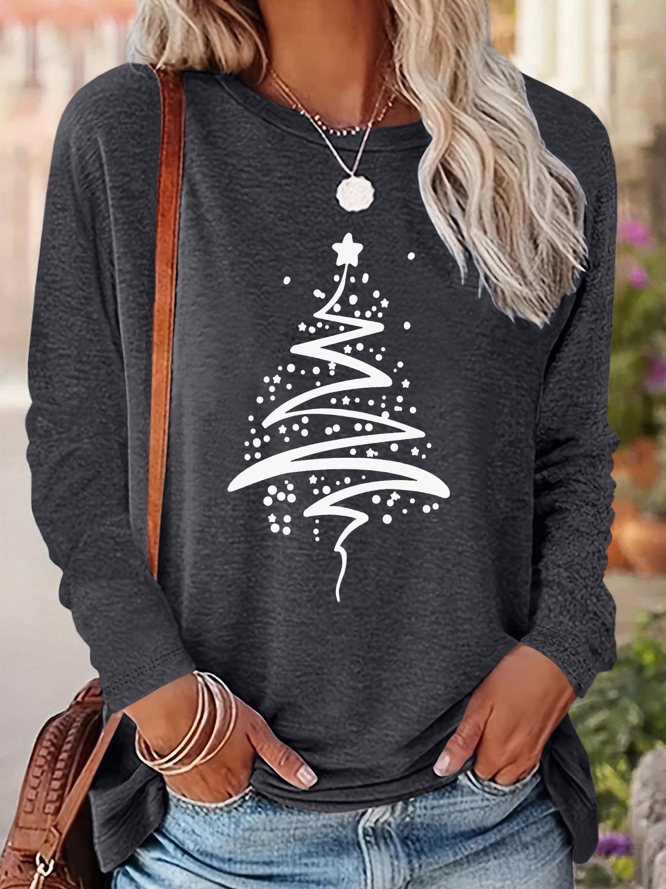 Women's Christmas Tree Print Drop Shoulder Fitted T-shirt, Casual Long Sleeve Round Neck Pullover for Fall & Winter, Ladies Clothes for Daily Wear