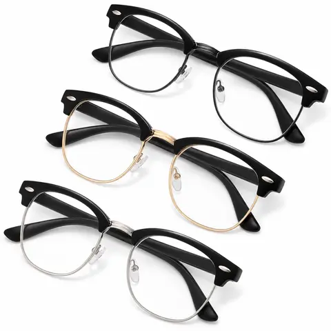 3-Pack Blue Light Filtering Glasses, Non-Prescription Clear Lens Browline Frames for Computer, Tablet and Phone Use