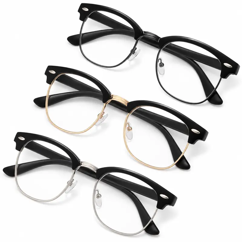 3-Pack Blue Light Filtering Glasses, Non-Prescription Clear Lens Browline Frames for Computer, Tablet and Phone Use