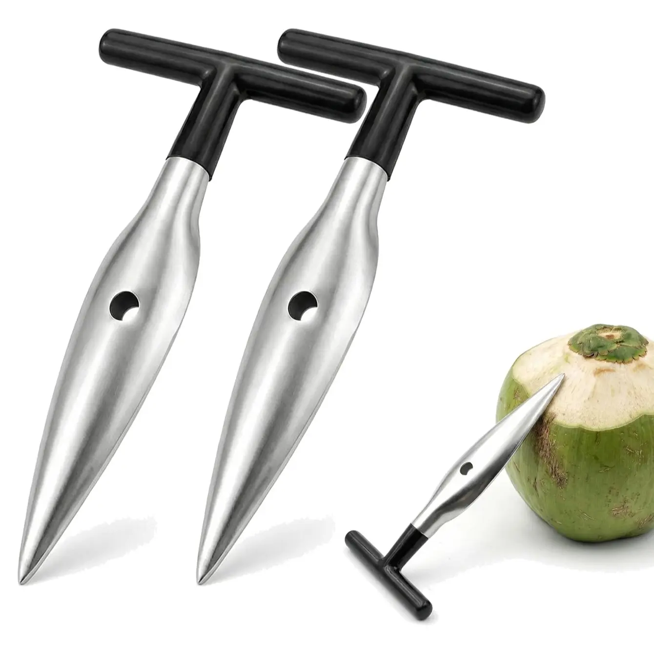 2-Piece Stainless Steel Coconut Opener Set, Handheld Drill Tool for Fresh Coconuts, Multifunctional Can Opener, Easy to Use