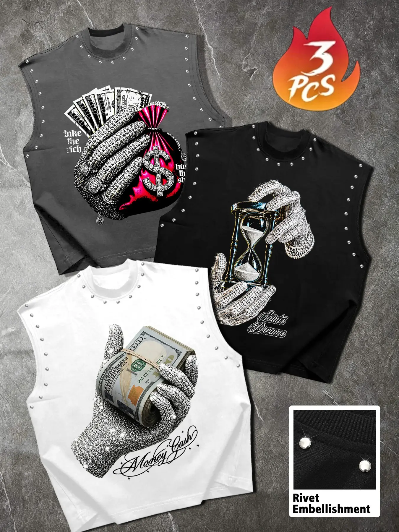 Summer Unisex Casual Tank Top Set, Rhinestone Glove Print Rivet Design, Three-Piece Multi-Color, Streetwear Essential, Trendy Fashion