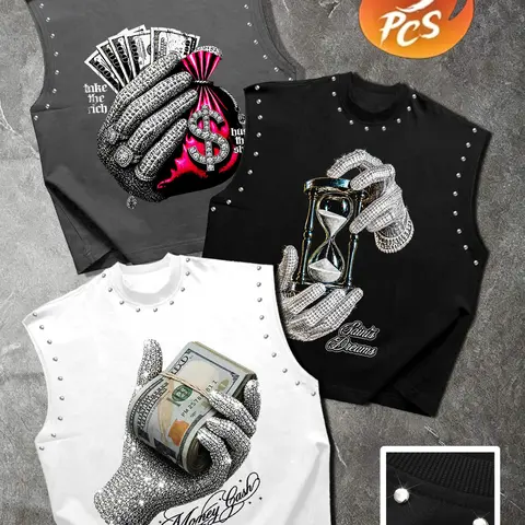 Unisex Casual Summer Tank Tops, Rhinestone Glove Print, Rivet Embellishment, Three-Piece Set, Multi-Color, Streetwear, Trendy Fashion Tops