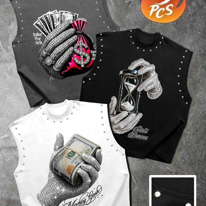 Unisex Casual Summer Tank Tops, Rhinestone Glove Print, Rivet Embellishment, Three-Piece Set, Multi-Color, Streetwear, Trendy Fashion Tops