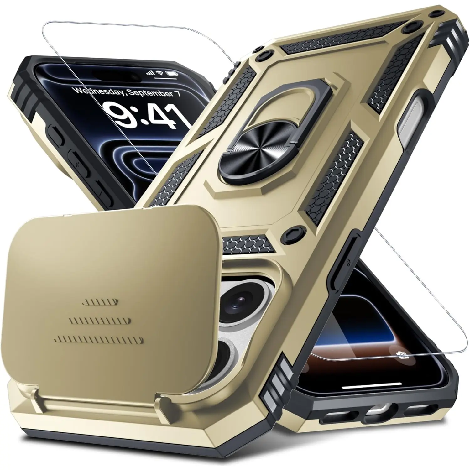 3-in-1 Phone Case Set:1 Hard Case+2 HD Tempered Glass Films,Mechanical Style Shockproof Full Body Case with Flip Lens Cover,for iPhone 13/14/15/16/17 Series Pro/Pro Max/Mini/Plus/Air/16E/17E