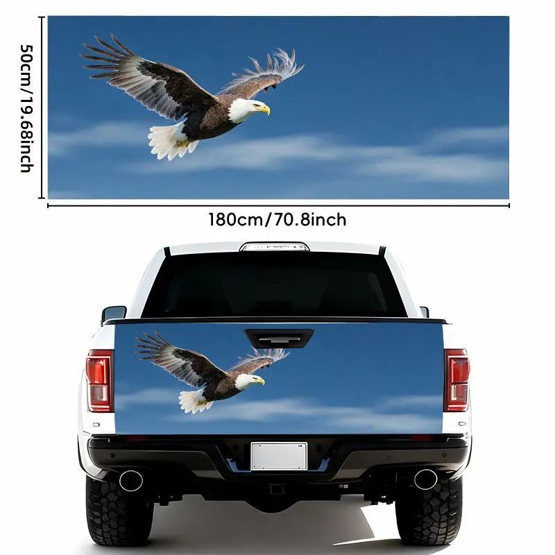 1pc a 50 by 70.87 inch Majestic Bald Eagle Mid-Flight Car Tail Sticker Featuring a Design of a Clear Blue Sky with White Clouds, Showcasing a Soaring Eagle with Brown Feathers And a White Tail. It Is Self-Adhesive, Waterproof, And Weather-Resistant