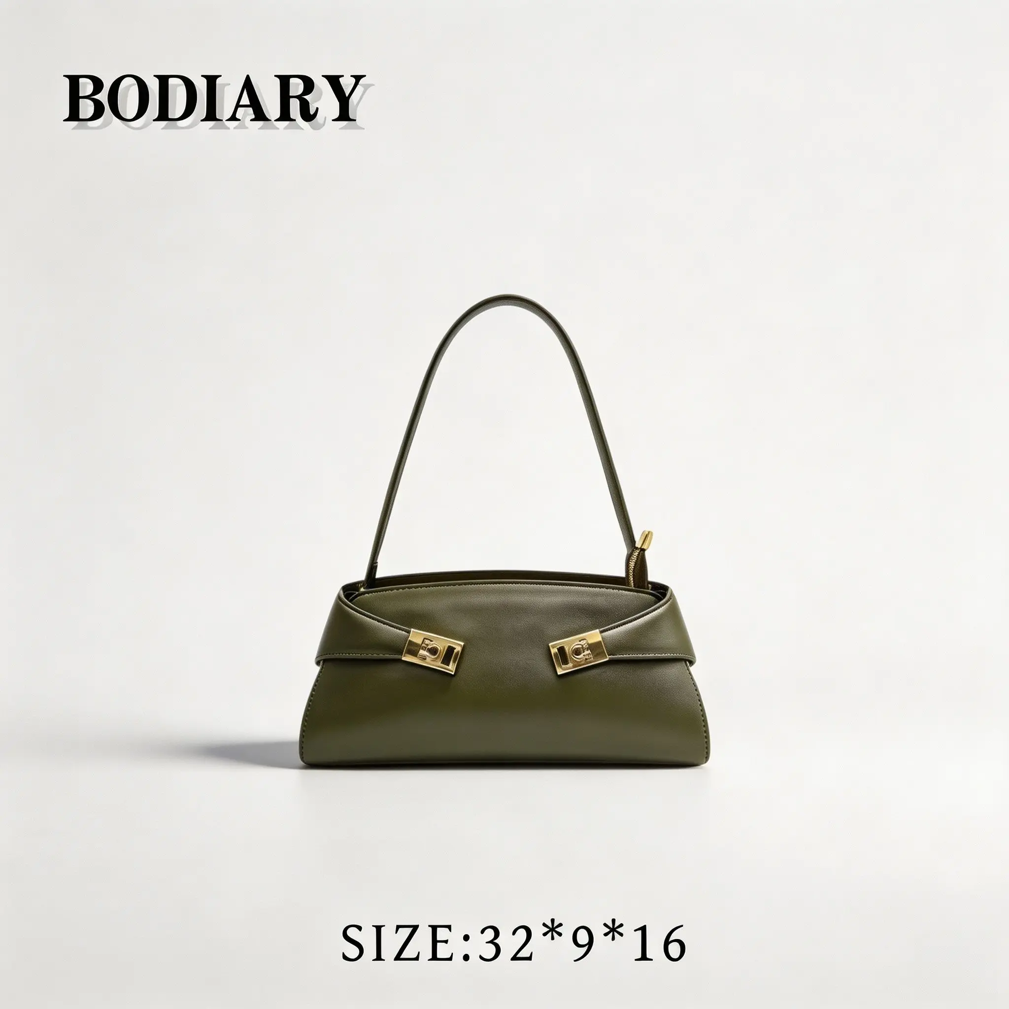 BODIARY Vintage Olive Green Baguette Shoulder Bag Double Gold Lock Underarm Bag Elegant Women Handbag 62036 Daily Commute Size 32*9*16 cm