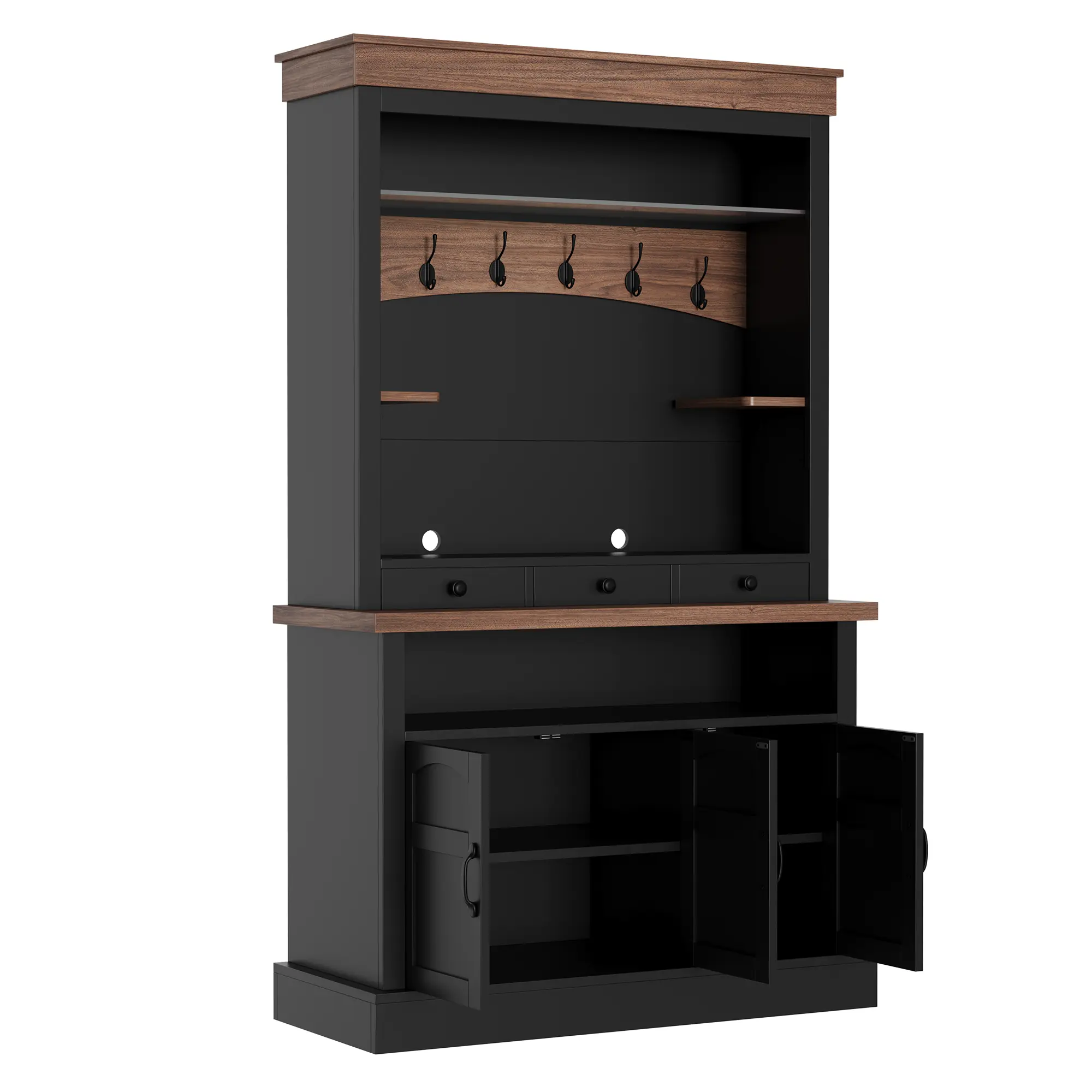 72" Tall Farmhouse Coffee Bar Cabinet with LED Lights, Sideboard Buffet with Adjustable Shelves, Glass Shelf, Doors & Drawer, Portable Bar Table, Walnut+Black