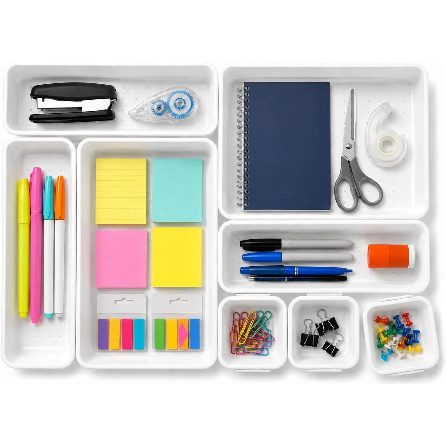 Everyday Functional Solid Interlocking Drawer Organizer Bins - Durable Plastic, Varied Sizes for Custom Layout Design, Great for Desk Drawer, Garage Organizing (White, 8-Piece Set)