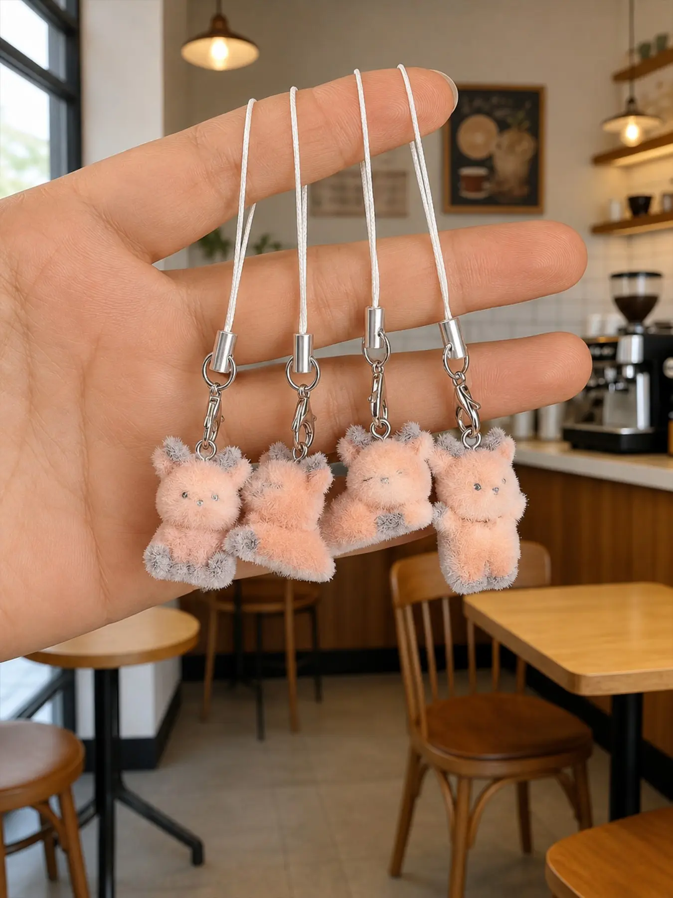 4-Piece Plush Deer Phone Charm Set, Mini Cute Cat Keychain, Adorable Bag Backpack Accessory, Soft and Cuddly Design, Perfect Gift Idea