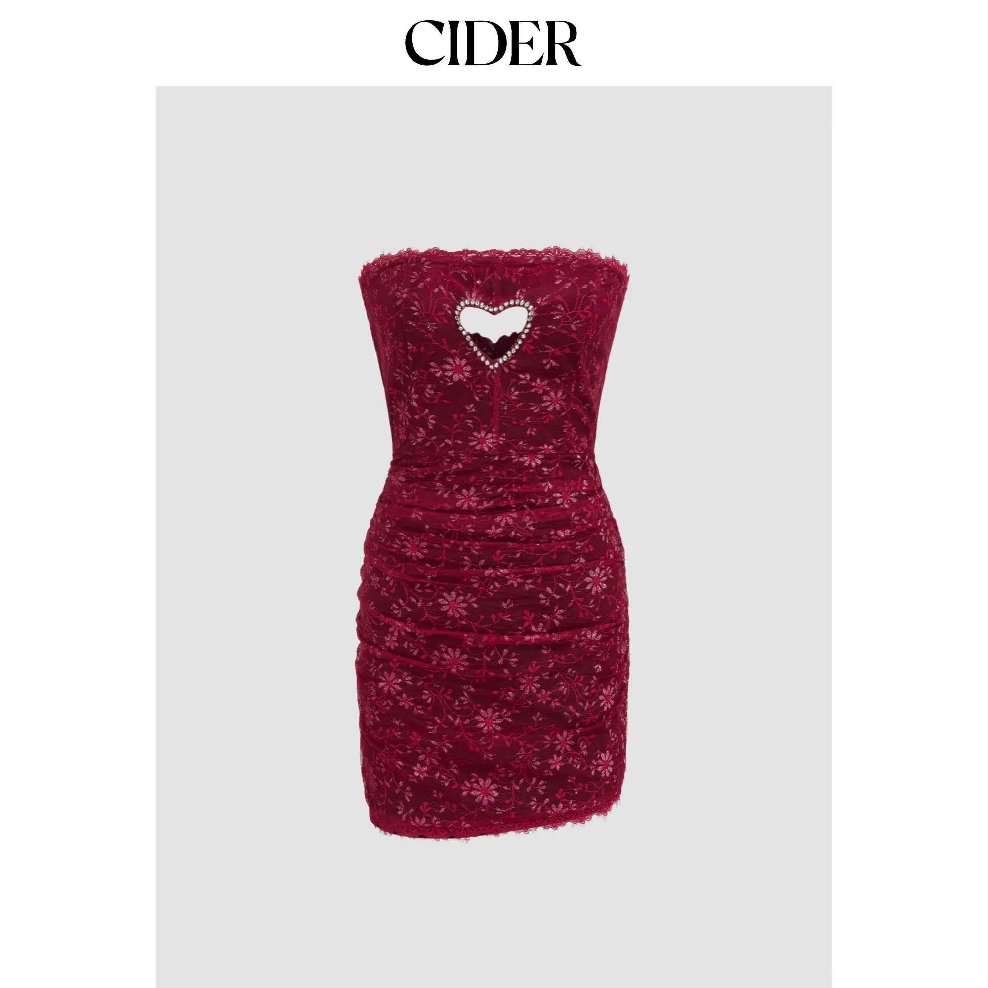 Cider [2 colors, size 0-10] Lace Ruched Rhinestone Heart Cut Out Tube Mini Dress SohoChic