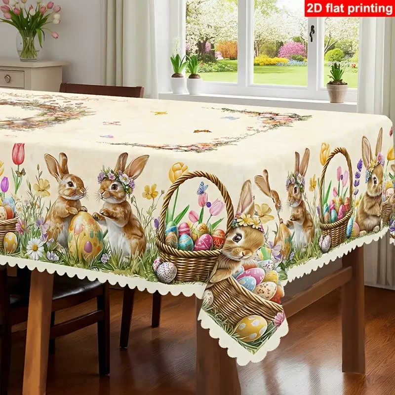 Easter Theme Rectangular Tablecloth, Spring Summer Design, Rabbit Easter Eggs Tulip Daisy Patterns, Indoor Outdoor Dining Use
