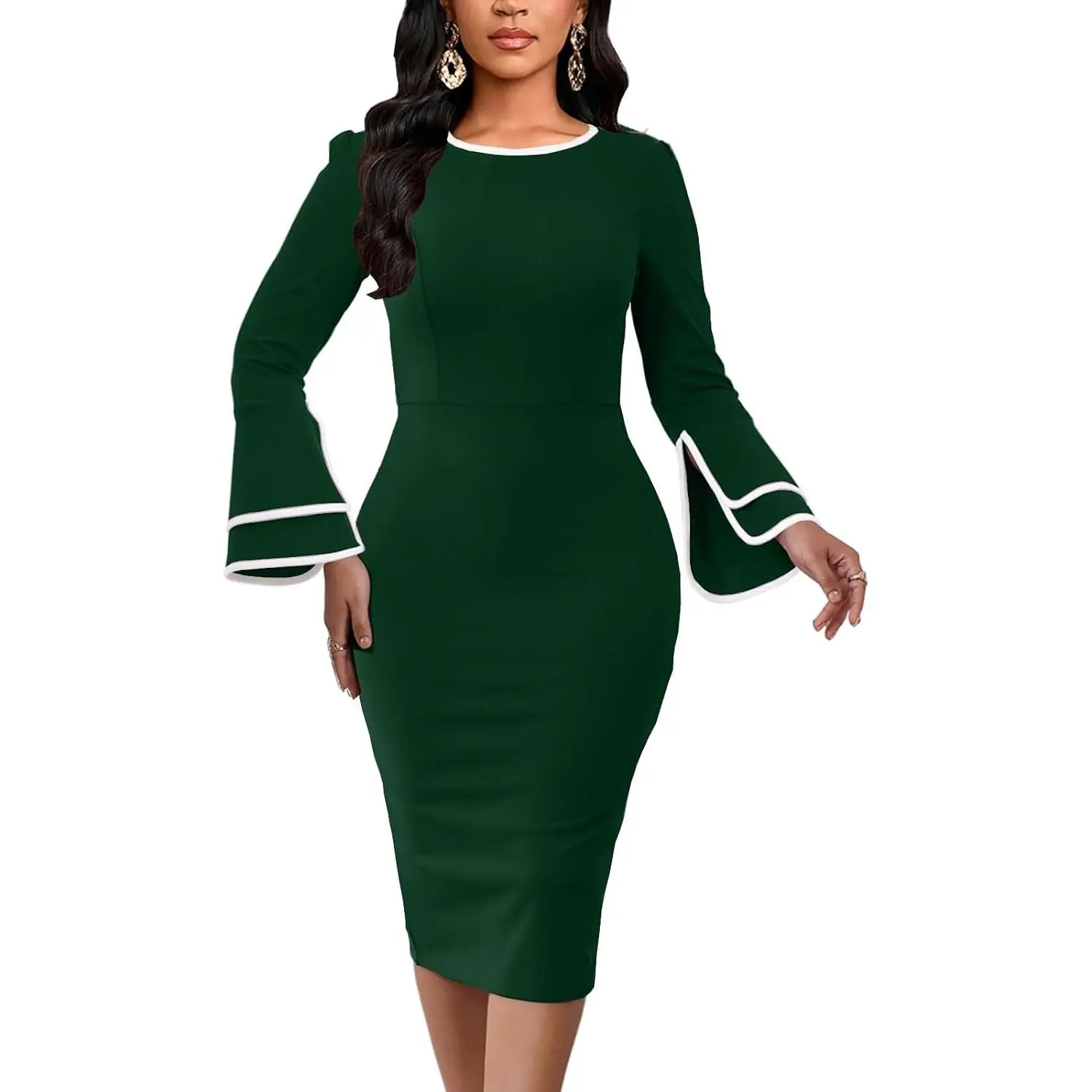 Church Dress for Women Flared Sleeve Midi Pencil Dress Elegant Teacher Office Business Wear to Work Dresses