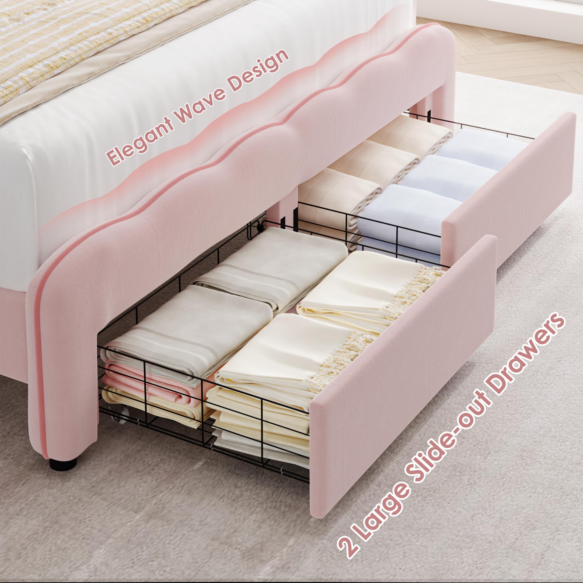 HOSTACK Modern Upholstered LED Bed Frame with Adjustable Lotus Headboard, Velvet Platform Bed Frame with storage drawer, Wooden Slats Support, No Box Spring Needed, No Mattress