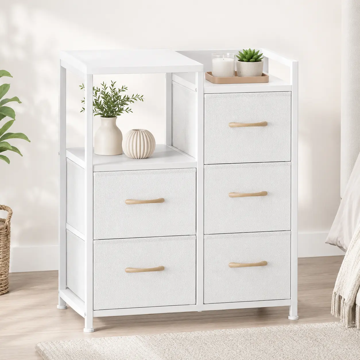 5-Drawer Fabric Paneled Wardrobe Closet Organizer, Freestanding Storage Cabinet with Double-Layer Shelves, Sturdy Metal Frame, Removable Drawers, Multi-Compartment Clothes Toy Supply Organizer for Bedroom Dorm Closet Small Spaces
