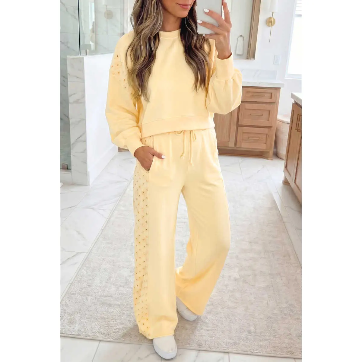 Yellow Cream Eyelet Embroidered Lace Patchwork Cropped Pullover Drawstring Pants Set