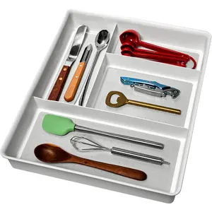 4 Compartment Drawer Organizer, Multi Purpose Storage for Utensils, Office Tools, Cords, & Small Household Items, Tech Accessories, Arts & Crafts Supplies, Non Slip Lining, White