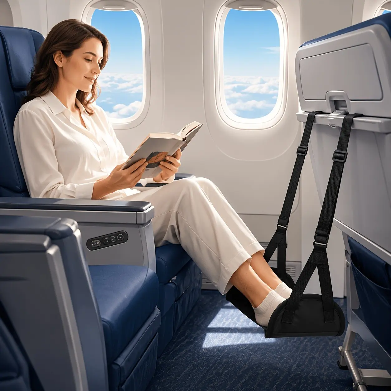Ultra Comfortable Aircraft Footrest, Adjustable Height, Portable Polyester Material, Travel Leg Rest Pad, Compact Design, Space-Saving, for Airplane, Train, Office