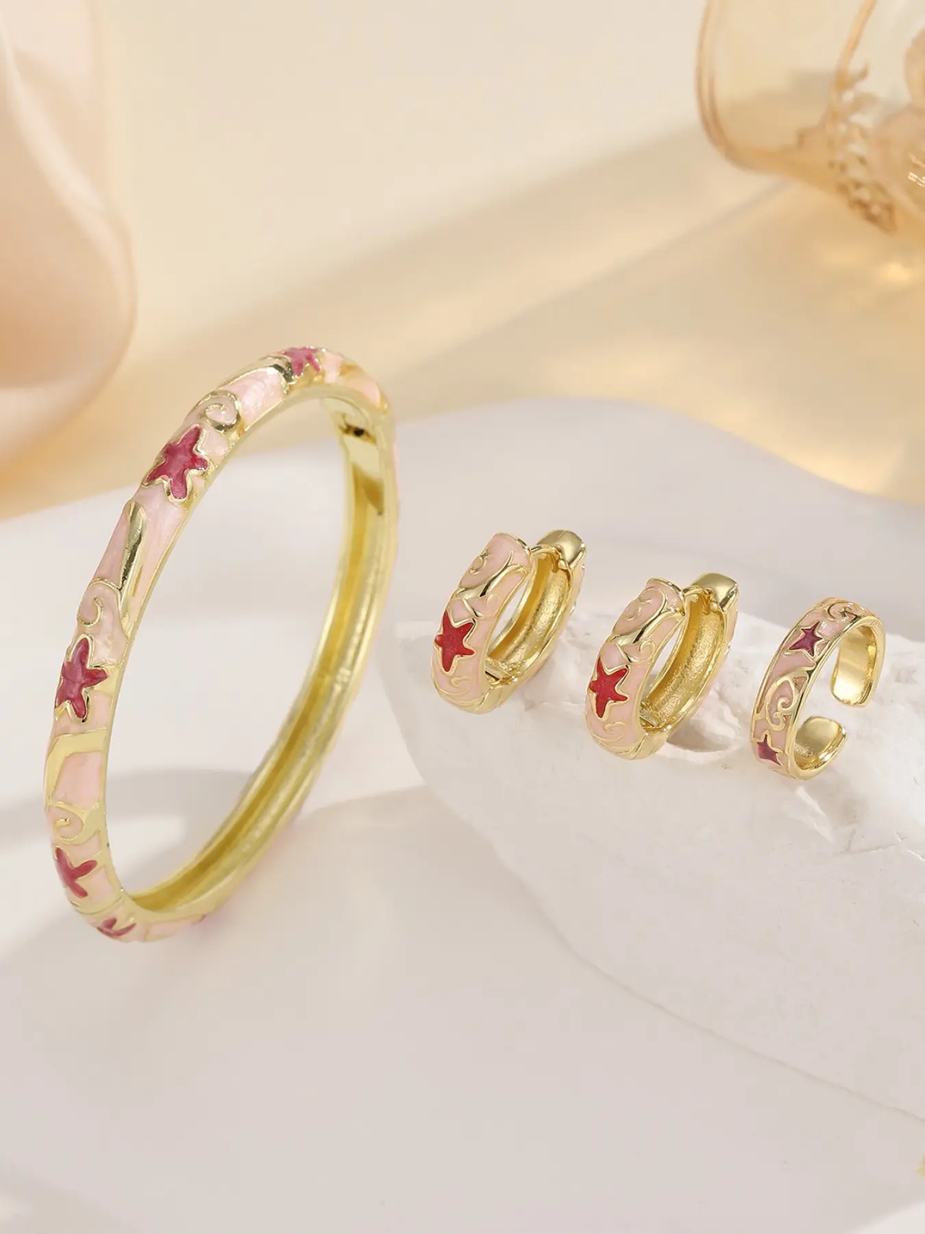 3Pcs Vintage Cloisonne Enamel Jewelry Set for Women Sea Star Gold Plated Hinged Bangle Bracelet Hoop Earrings Open Ring Aesthetic Y2K Retro Boho Matching Accessories Birthday Gift Bracelet Jewelry Sets