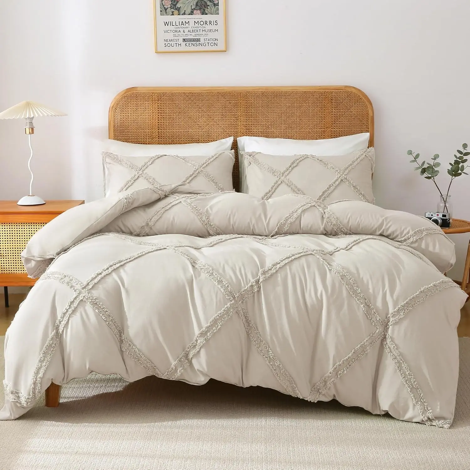 MILDLY Boho Duvet Cover Beige - Tufted Comforter Cover Set Geometric Textured Jacquard Queen Size Bedding Set with Corner Ties & Zipper Closure