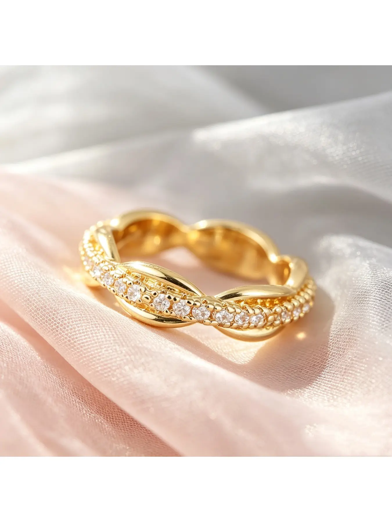 Twisted Interlace Half Pave Crystal Wide Gold Band Luxury Women Halo Ring, Timeless Engagement Ring, Heartfelt Valentine Gift, Elegant Party Ring, Textured Daily Stack Ring for Engagements, Anniversary Gifts and Everyday Layered Styling