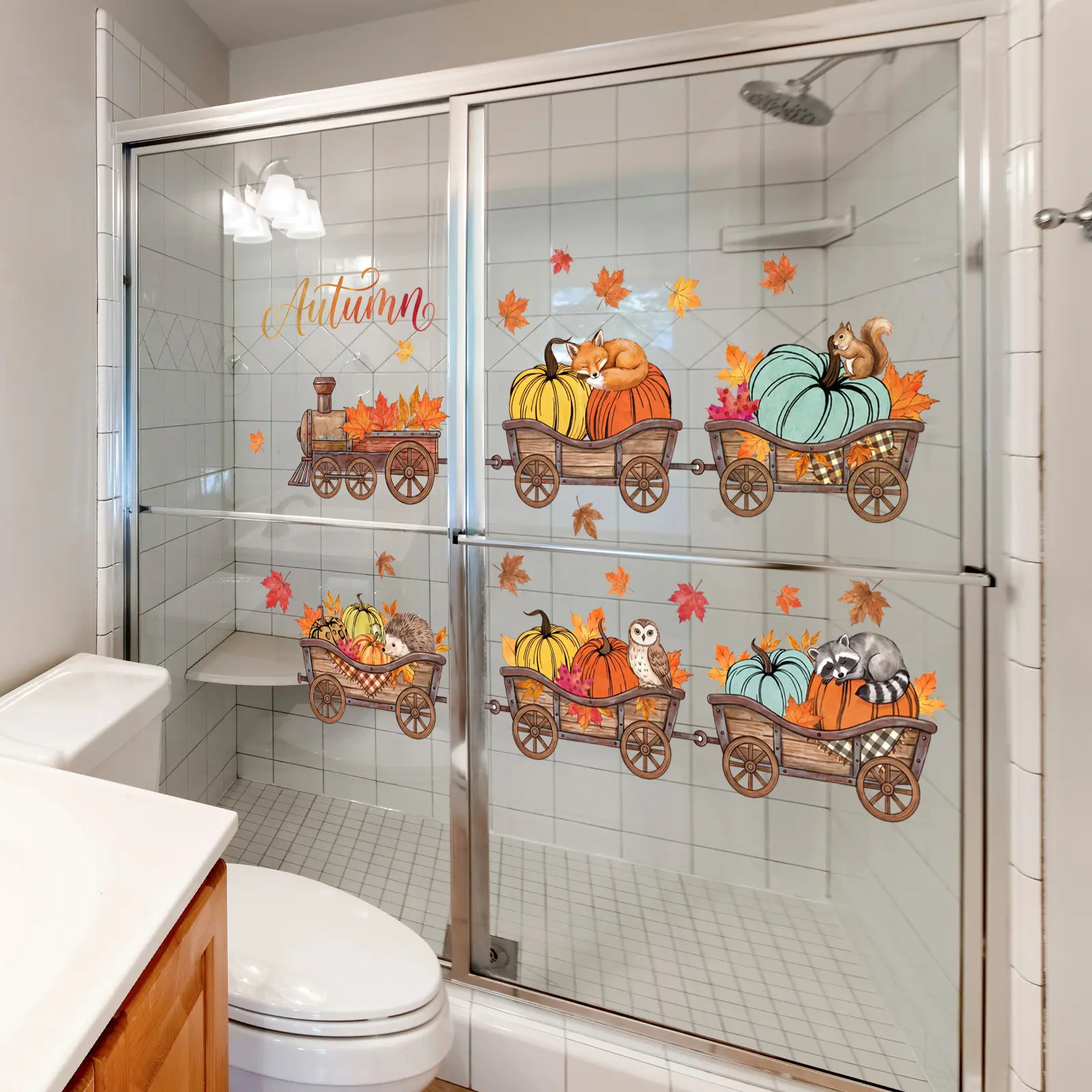 2Pcs Set (3060cm2pcs) Thanksgiving Harvest Pumpkin Train Animal Border Static Window Clings, Glueless No Damage To Glass, Removable Window Decal, Decor Stickers For Home French Window & Bathroom Glass