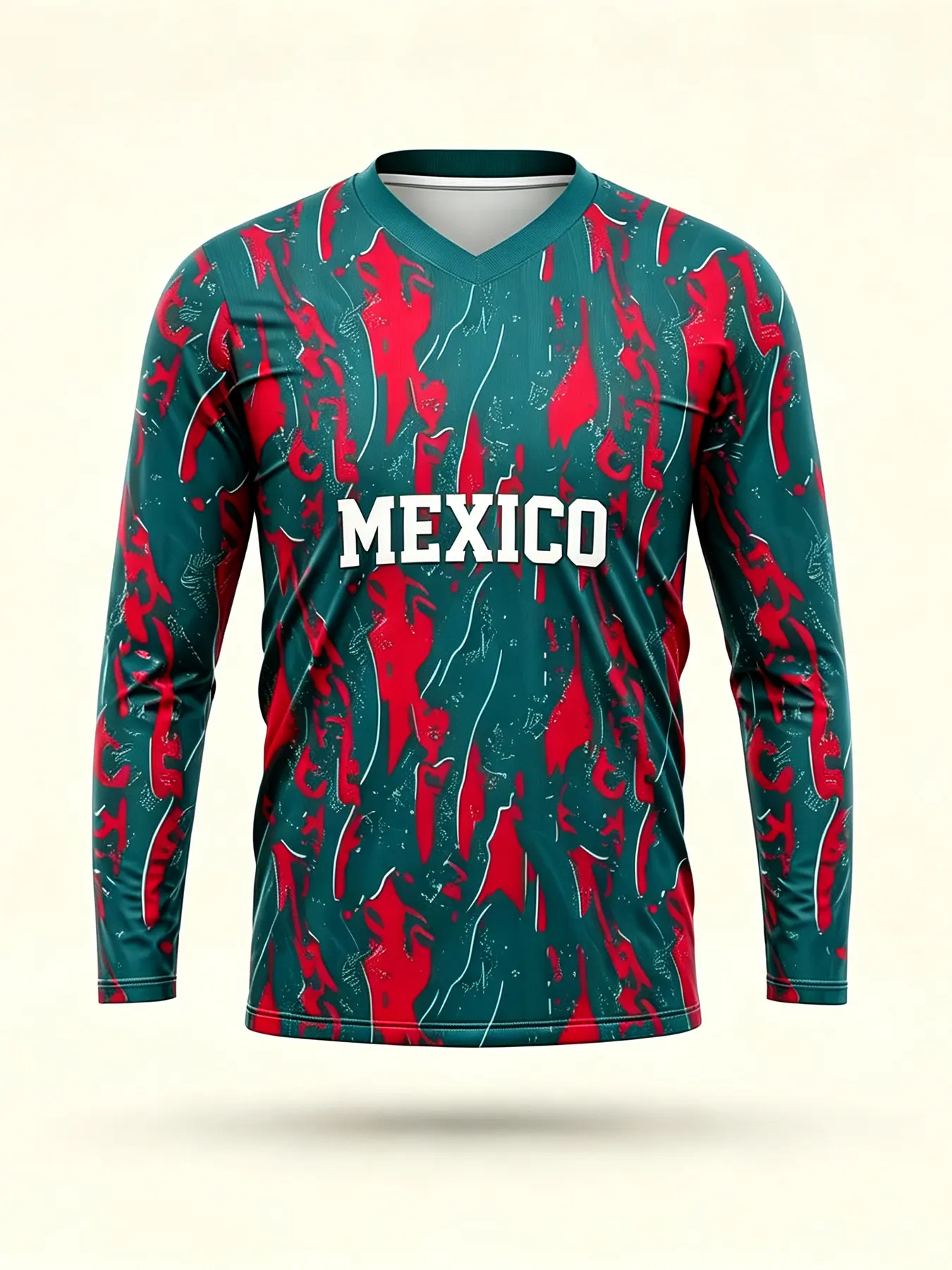 Dark Green and Red Splashed Ink Pattern MEXICO Letter V-Neck Quick-Dry Long-Sleeve Athletic Jersey