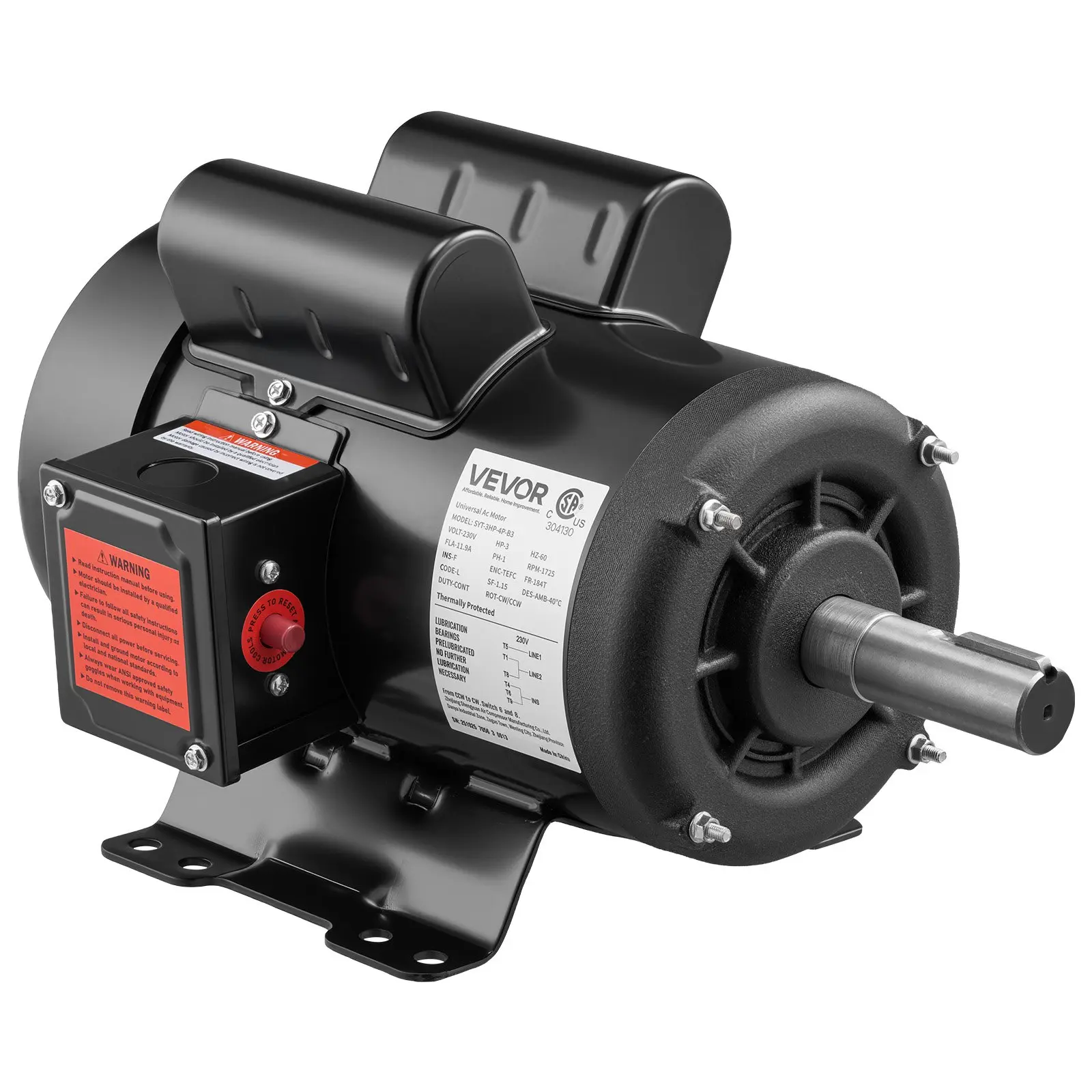 【DealsForYouDays】VEVOR 3 HP Electric Motor, 1750RPM Air Compressor Motor, CW/CCW Rotation, 1.125 inch Shaft Diameter, 2.75inch Shaft Length, 12N. m Torque, Single-Phase, TEFC Cooling, 230V, 184T Frame