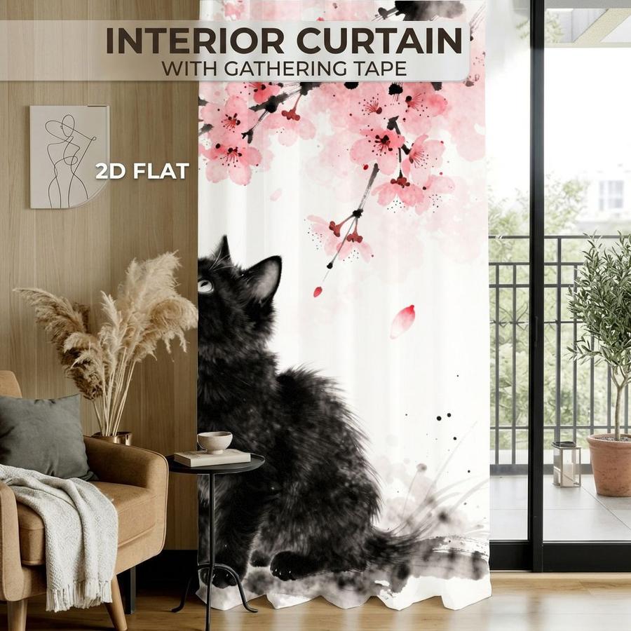 2Pcs Japanese Style Ink Painting Cat Butterfly Sakura Pattern Curtains Digital Printed Rod Pocket, Window Treatment For Bedroom Office Kitchen Living Room Study Home Decor
