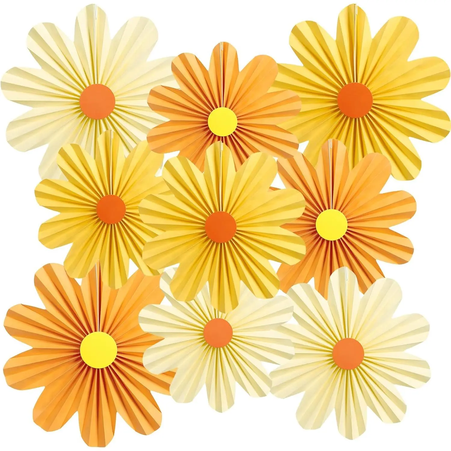 Casual Orange Daisy-Shape Paper Flowers & Paper Fans Wall Decor Set of 9 for Women's Special Events, Spring Wedding, Garden Tea Party Decor