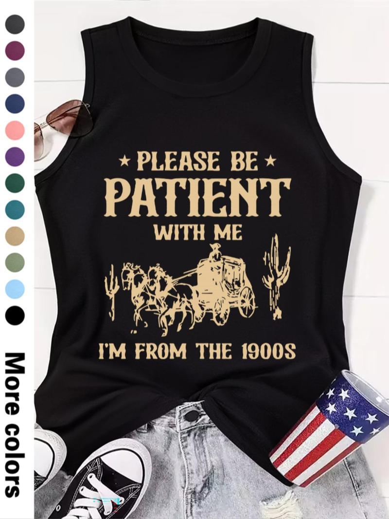 Women's Letter Print Round Neck Tank Top, Casual Sleeveless Crew Neck Top for Daily Wear, Ladies Clothes for All Seasons