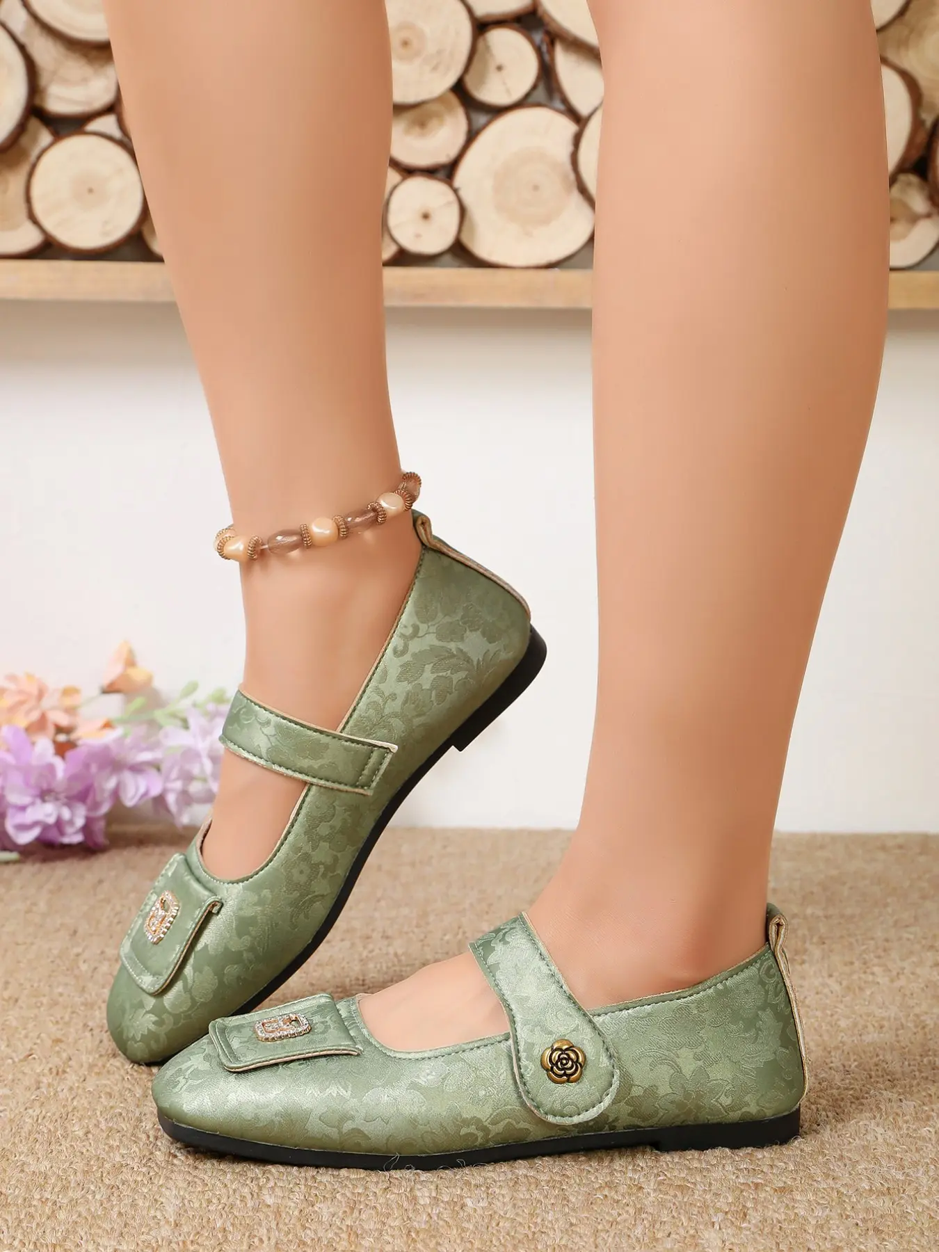 New Spring Summer New Chinese Style Low Heel Square Toe Rhinestone Mary Jane Shoes, Elegant Casual All-Season One-Piece Buckle Design