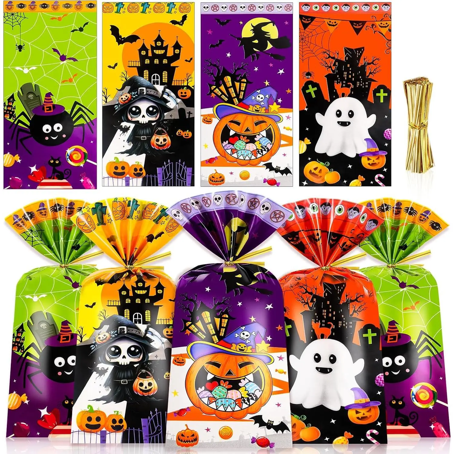 100 count Halloween Cellophane  Bags with Golden Twist Ties Trick or  Bags for Helloween Themed Party Supplies and Favors