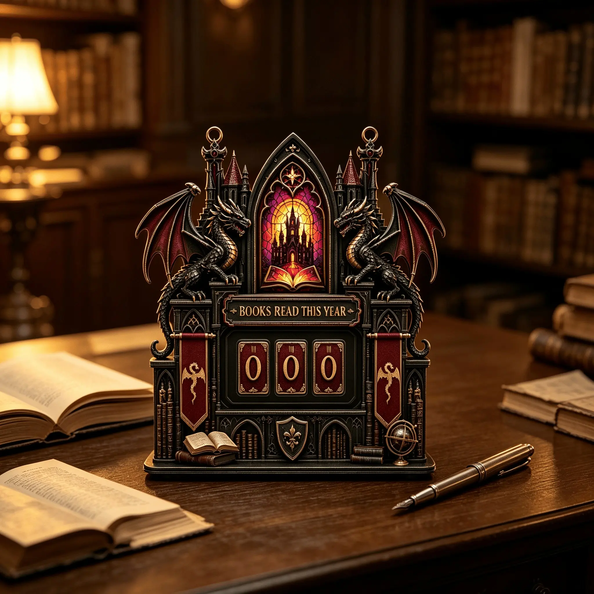 Gothic Dragon Castle Book Reading Counter Wooden Desk Sign, Medieval Stained Glass Style, Book Lover Home Decor Plaque Gift