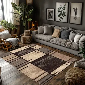 Coffee Tone Irregular Line Block Crystal Velvet Area Rug Non-Slip Warm Living Room Floor Mat #WarmCoffeeRug #LineBlockCarpet #NeutralGeoDecor #VintagePatchMat #CrystalVelvetRug
