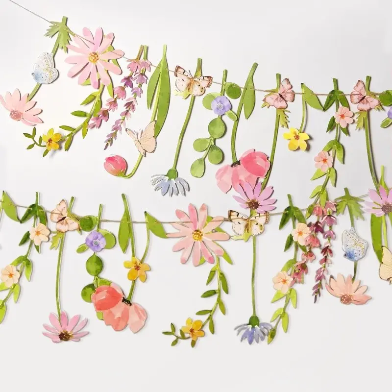 Wildflower Party Decoration Butterfly Banner, Floral Leaf Banner, Wall Garden Decor, Spring Party, Baby Shower, Wedding Background