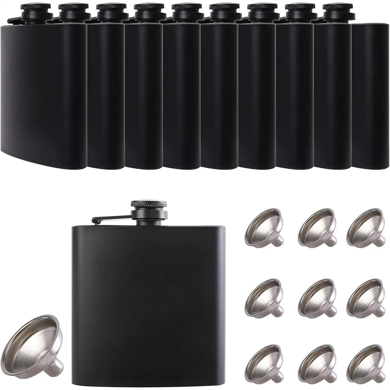 10-Pack 6oz Stainless Steel Leakproof Hip Flasks for Liquor, Black, with 10-Pack Funnels – Groomsman Set, Wedding Gift Ideas, Camping Essentials