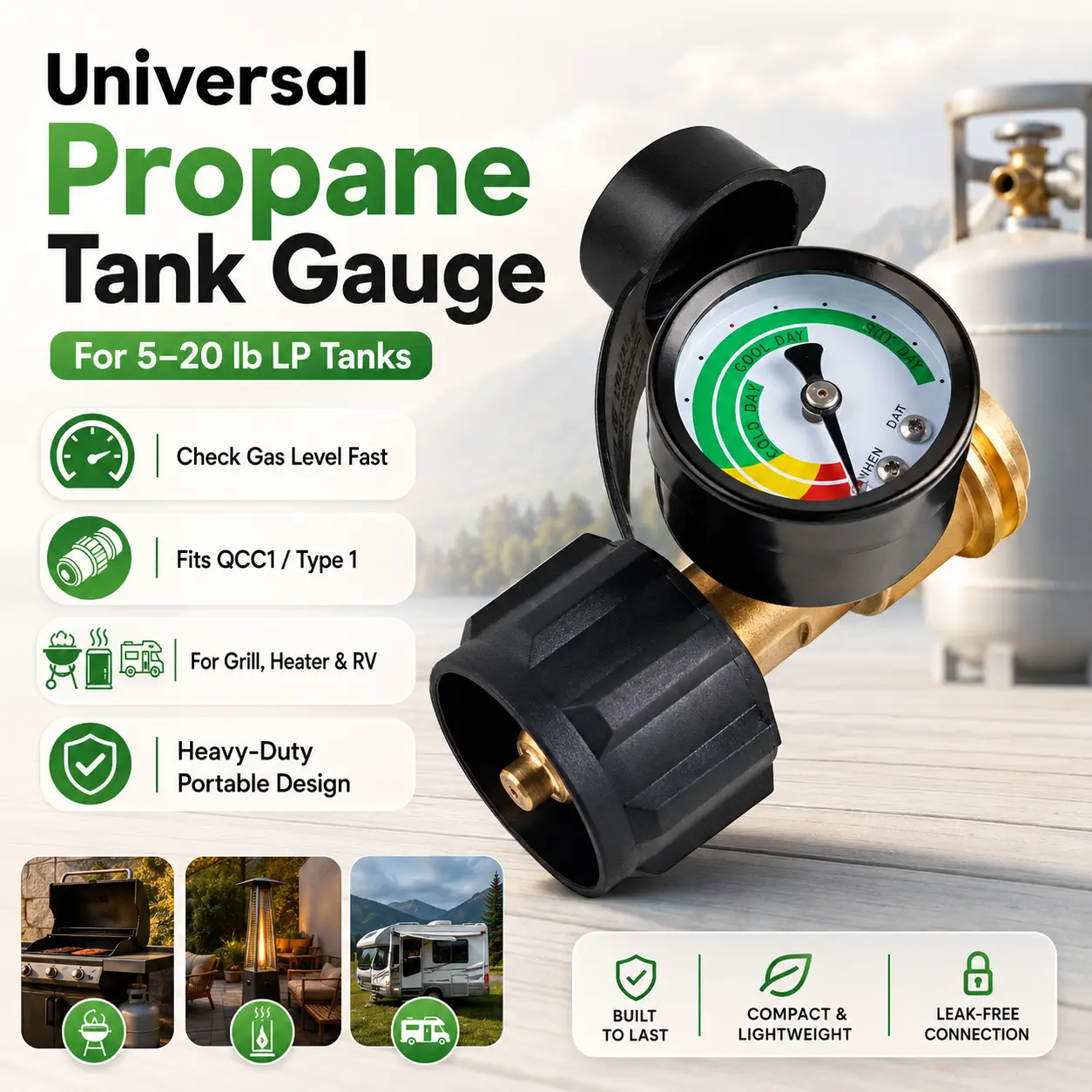 Universal Propane Tank Gauge for 5-20 Pound LP Tanks| Gas Level Indicator for Grill, Heater, RV Camper, QCC1/Type 1 Connection Tool Pressure Home Heavy Duty Portable