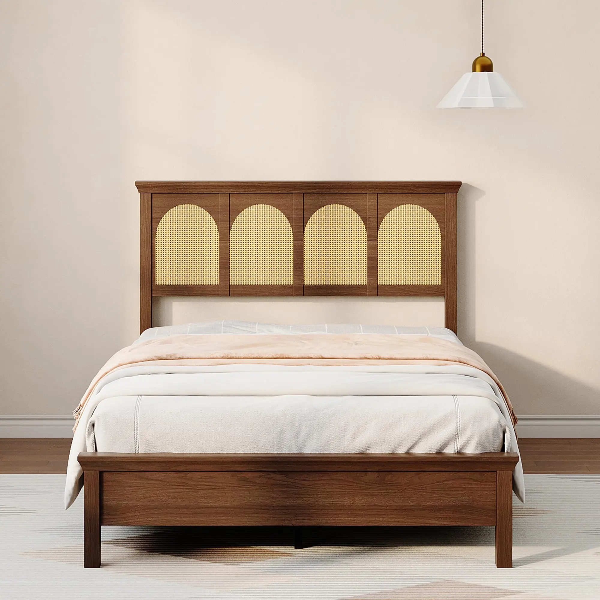Full Size Bohemian Bed Frame with Woven Rattan Weave Headboard - No Box Spring Needed, Requires Assembly