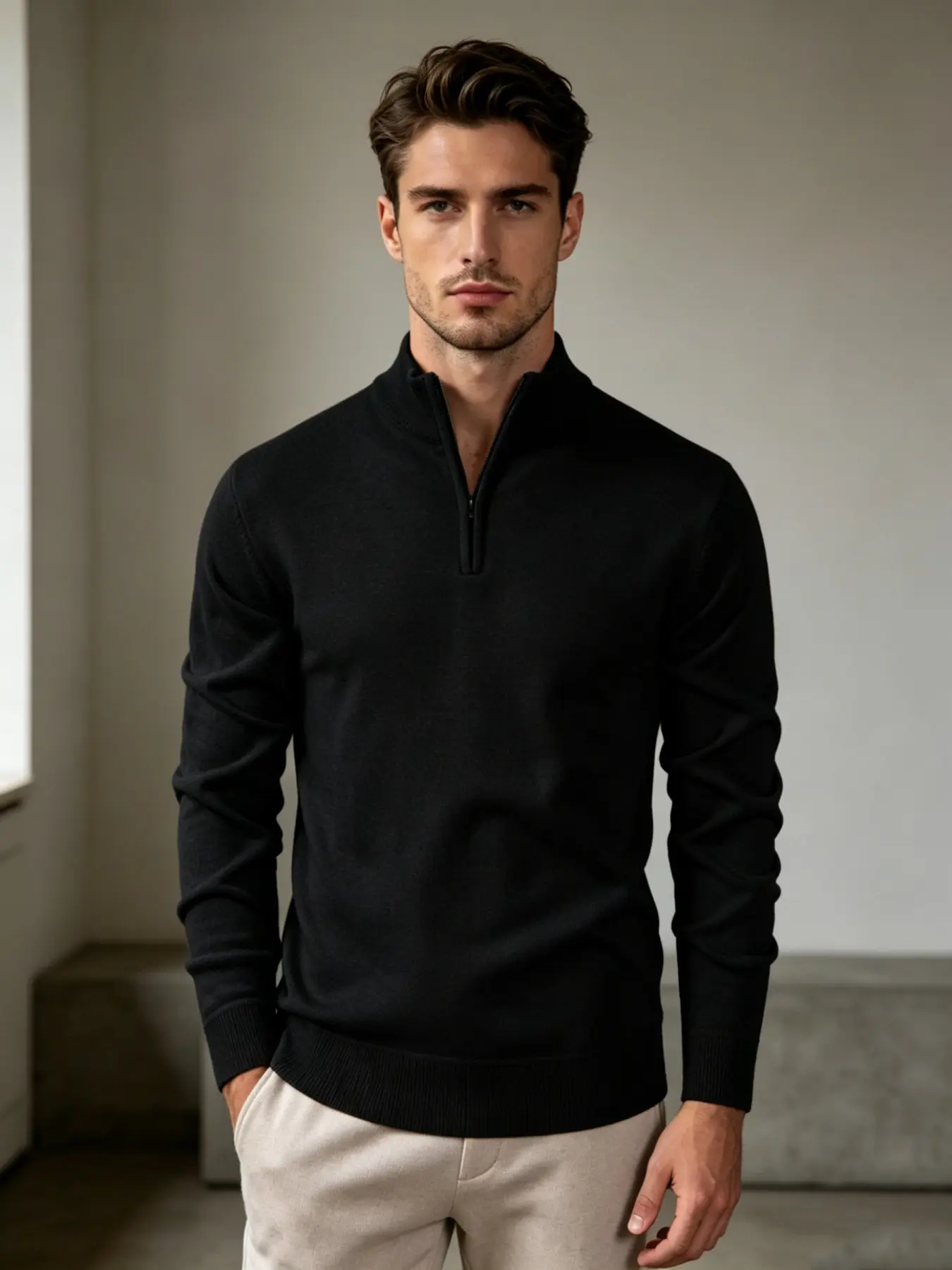 Men's Half-Zip Knit Sweater, Soft Breathable Fabric, Stand Collar, Adjustable Neckline, Lightweight Design, Perfect for Casual Daily Wear