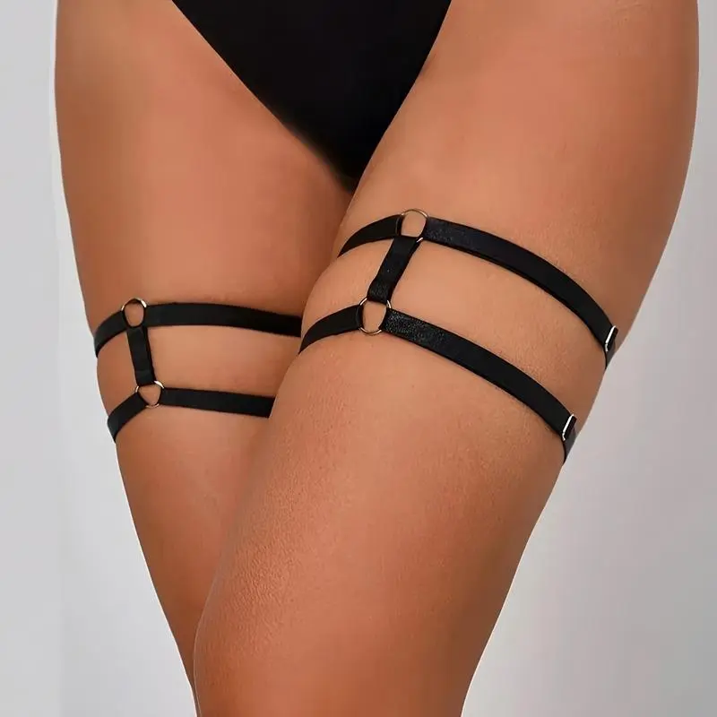 2pcs Women's Black Stretch Thigh-High Garter Belt with Adjustable Double-Row Thigh Straps, Fashionable Punk Style Garter Straps