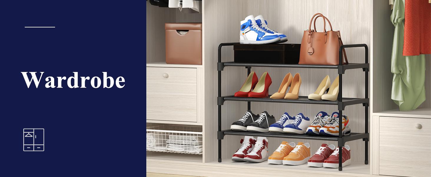 Shoe Rack for Closet, Sturdy Shoe Shelf for Entryway, Space-Saving Shoes Organizer and Storage, 27.6" x 11.8" x 22.6", Black